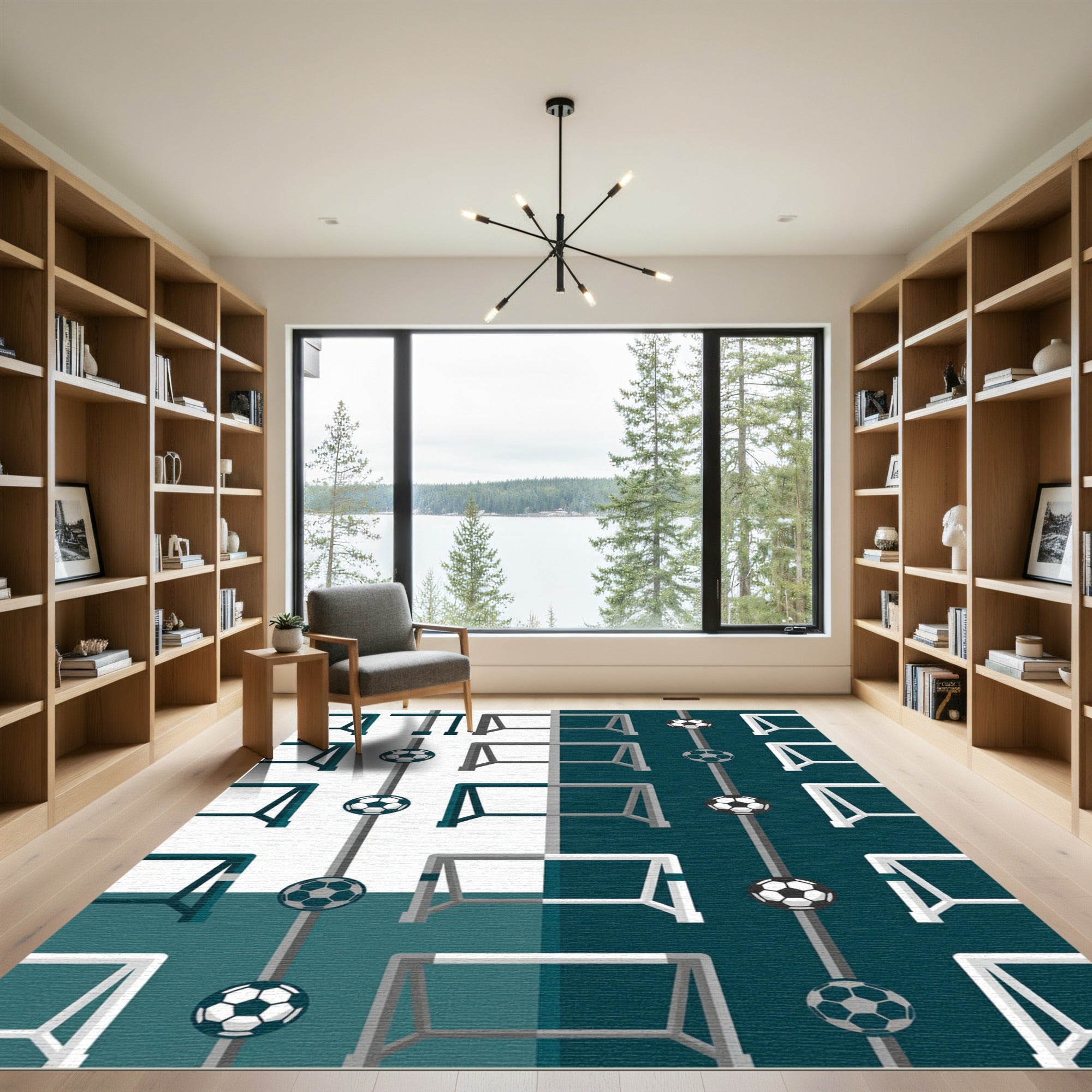 Minimalist Soccer Goal Geometric Teal Gray Rug