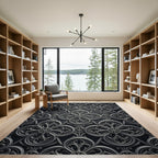 Sophisticated Charcoal Gothic Quatrefoil Scroll Rug