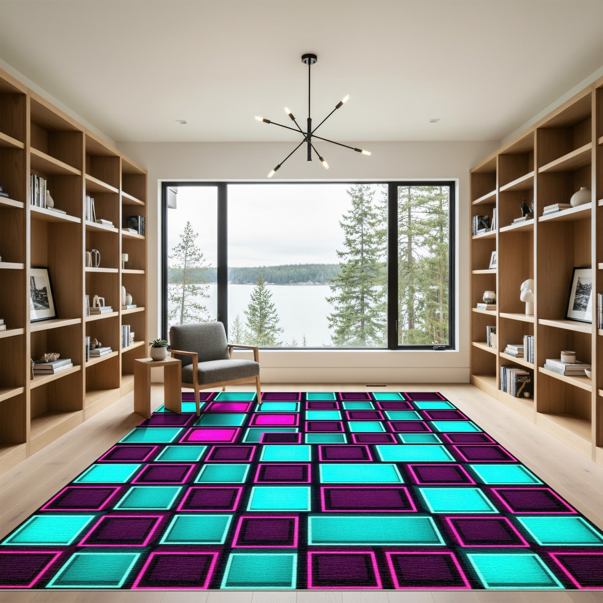 Neon Cyber Grid Geometric Mosaic Rug