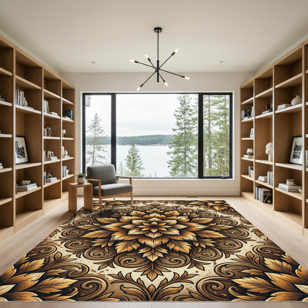 Golden Baroque Floral Damask Medallion Rug
