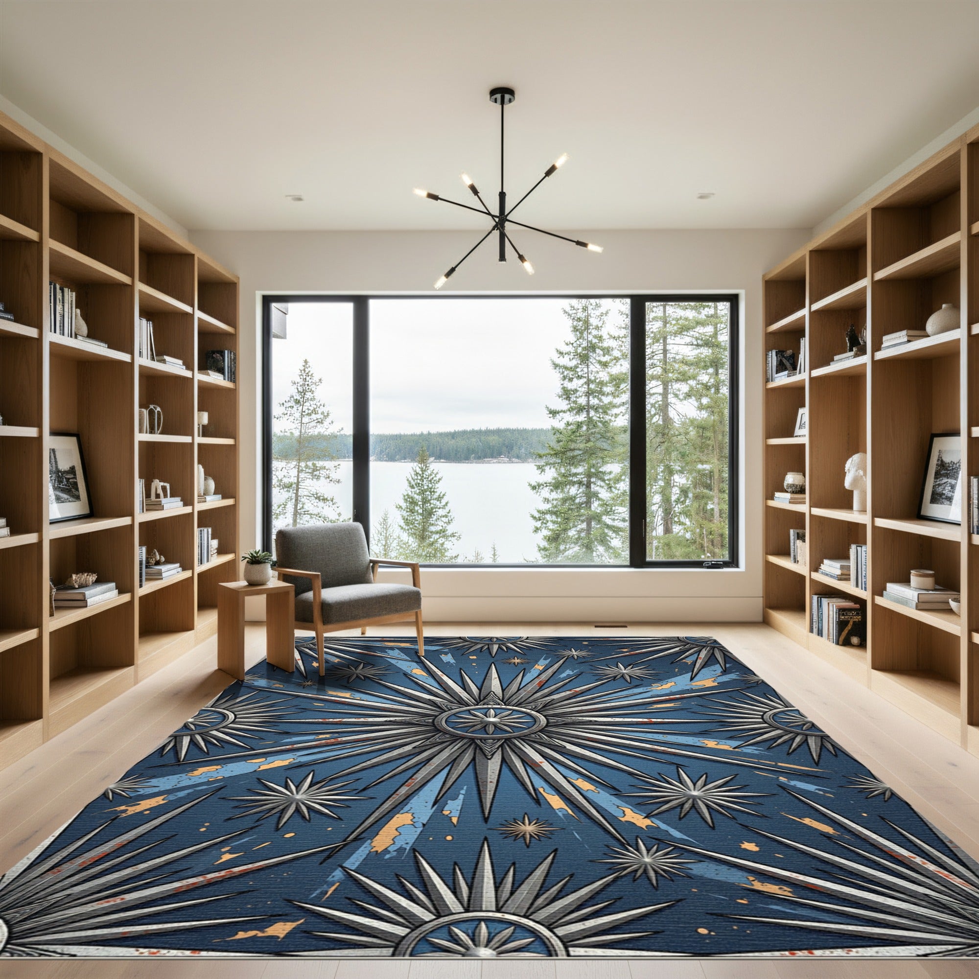 Celestial Silver Starburst Navy Area Rug