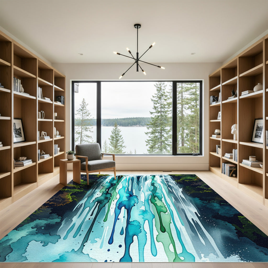 Cascading Teal Blue Waterfall Abstract Shimmer Rug