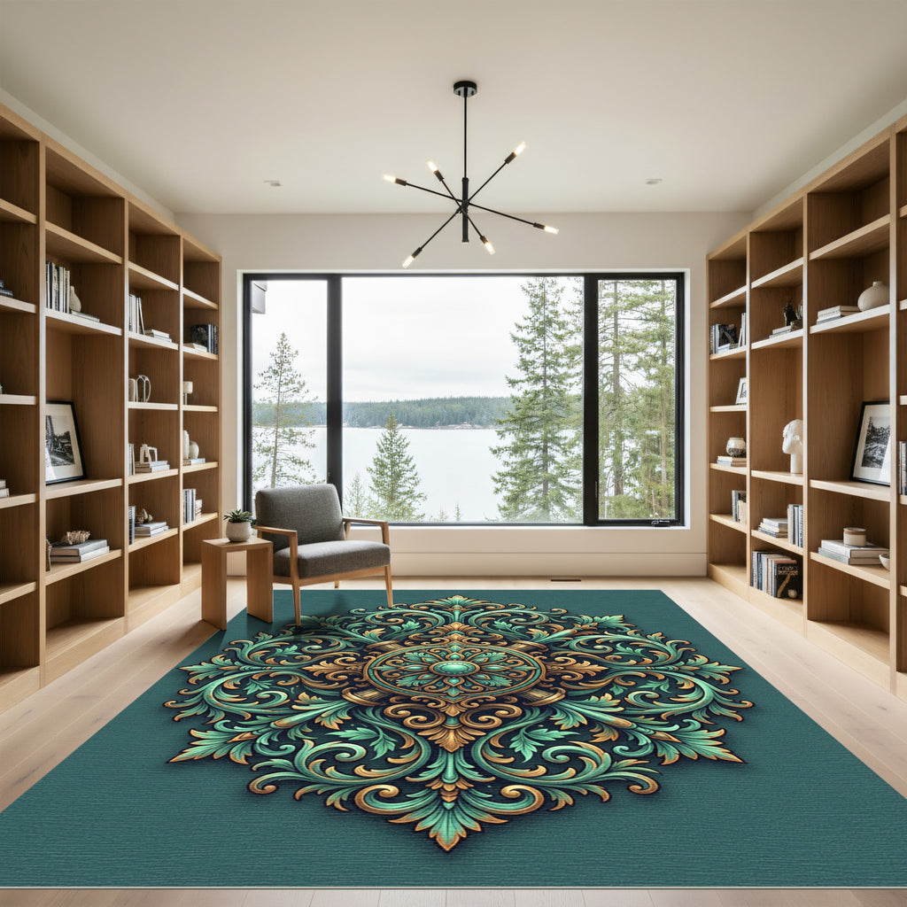Ornate Teal and Gold Scroll Medallion Rug
