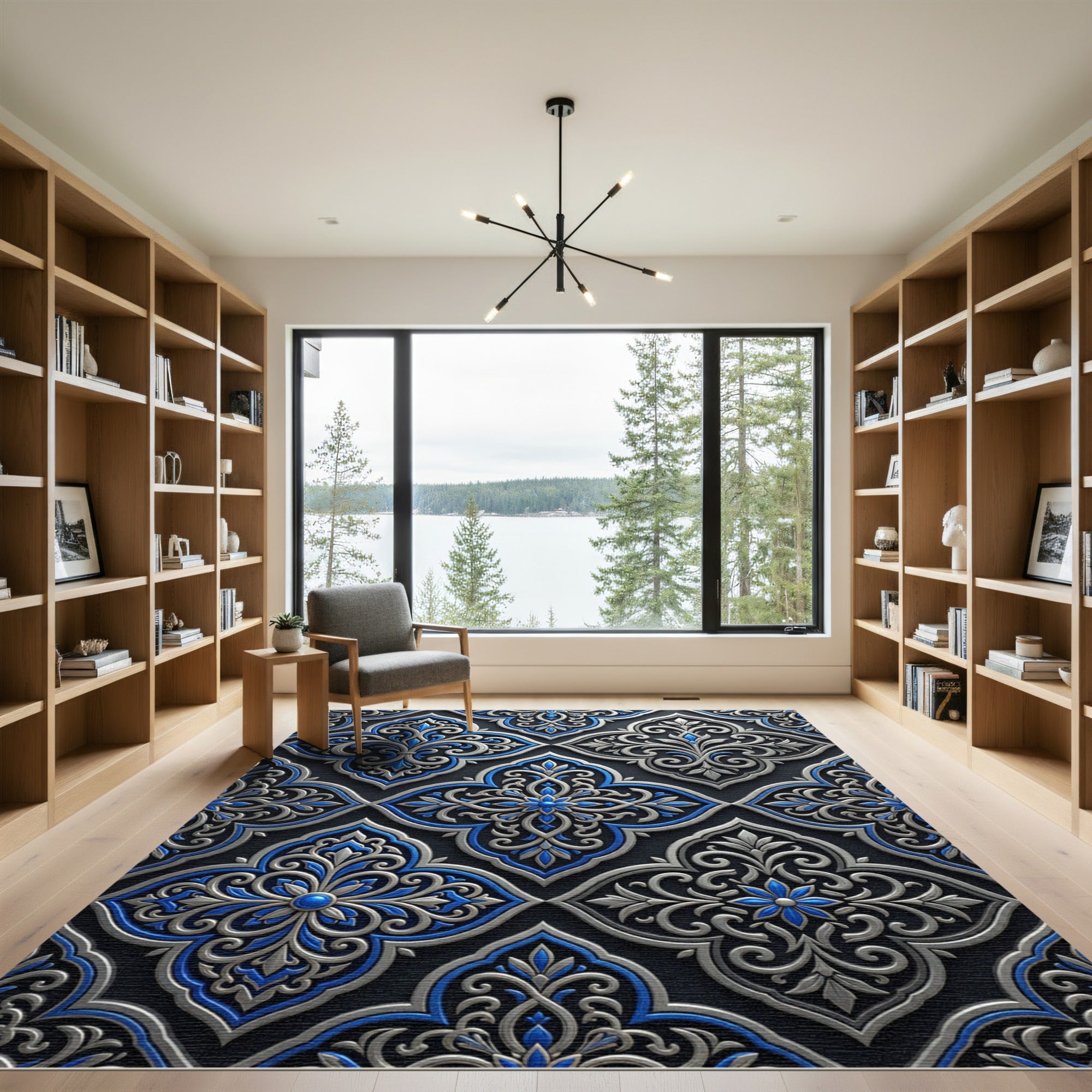 Elegant Silver Blue Damask Scroll Rug