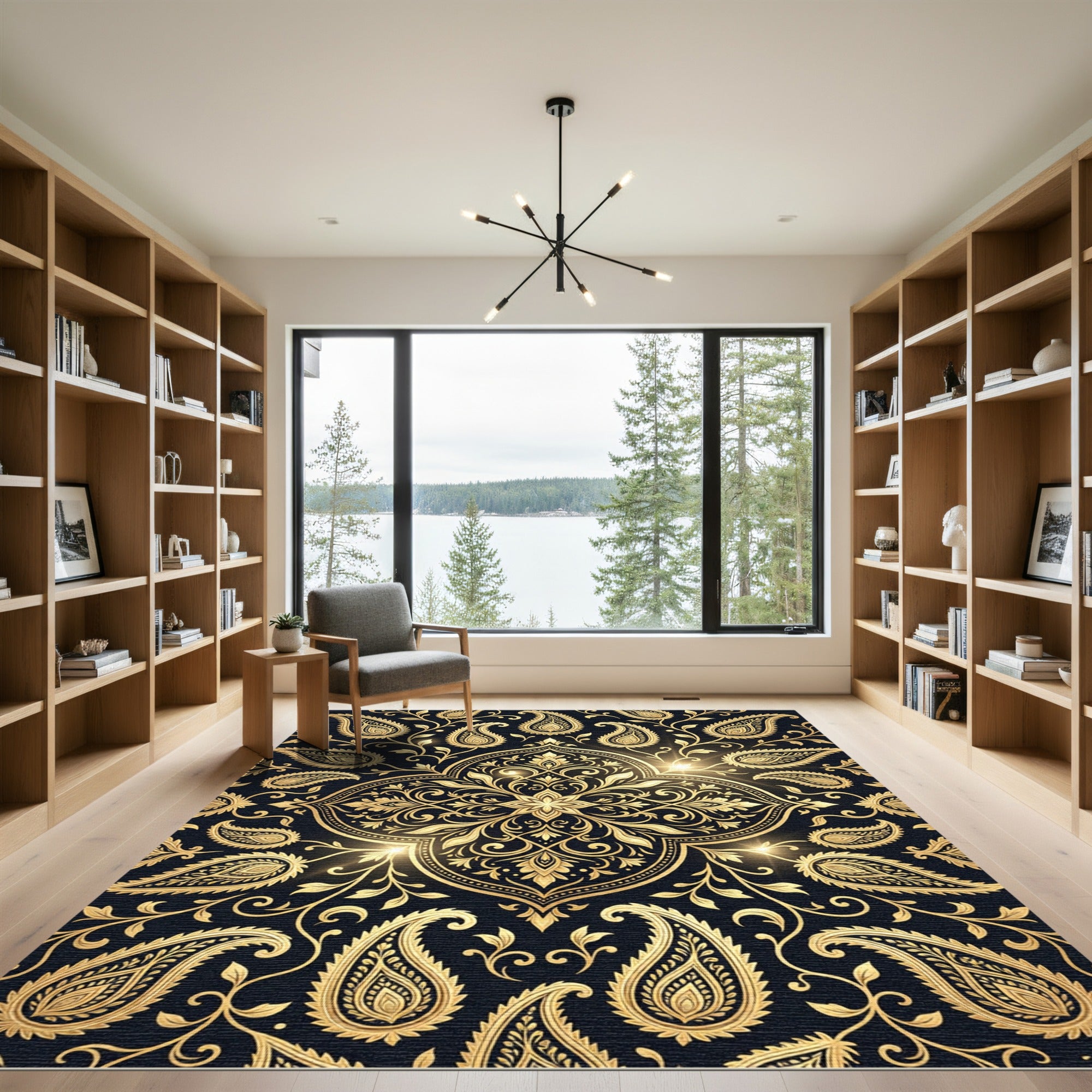 Elegant Golden Paisley Black Damask Rug
