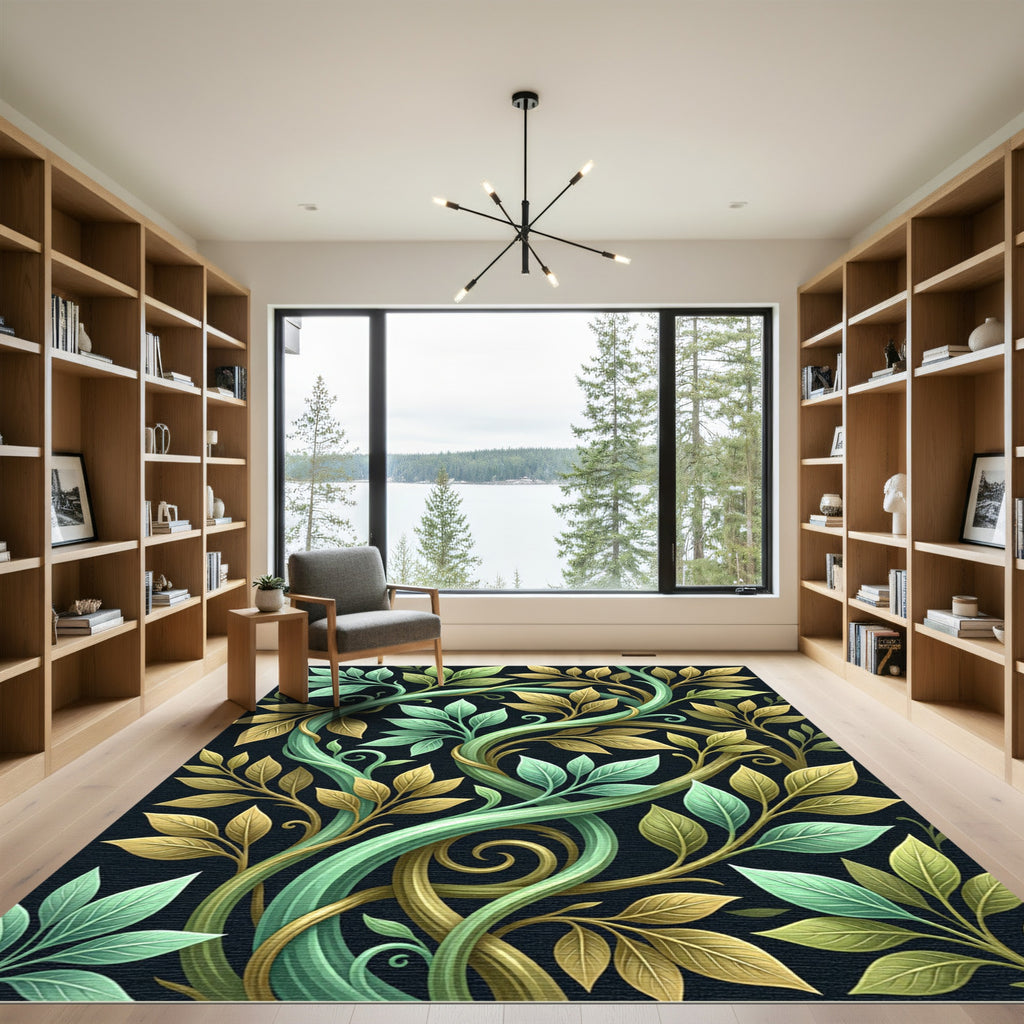 Elegant Golden Sage Intertwining Botanical Vines Rug