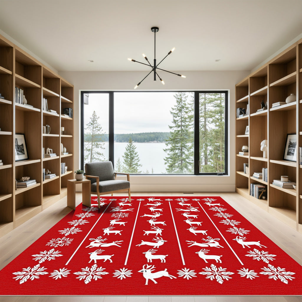 Red White Reindeer Snowflake Stripe Repeat Rug