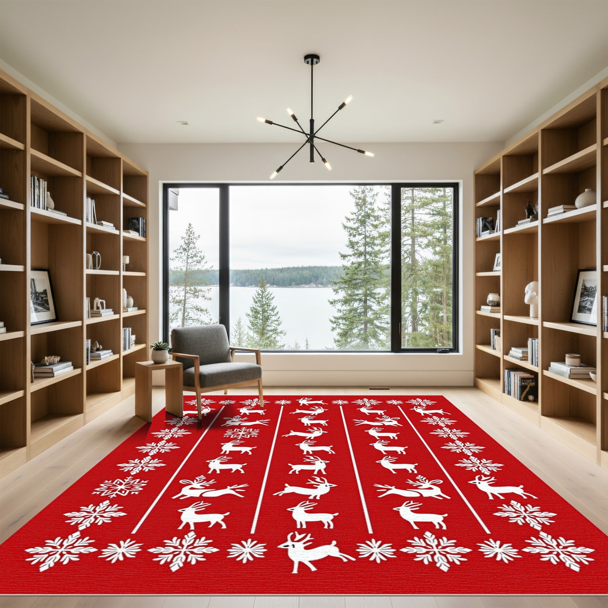 Red White Reindeer Snowflake Stripe Repeat Rug