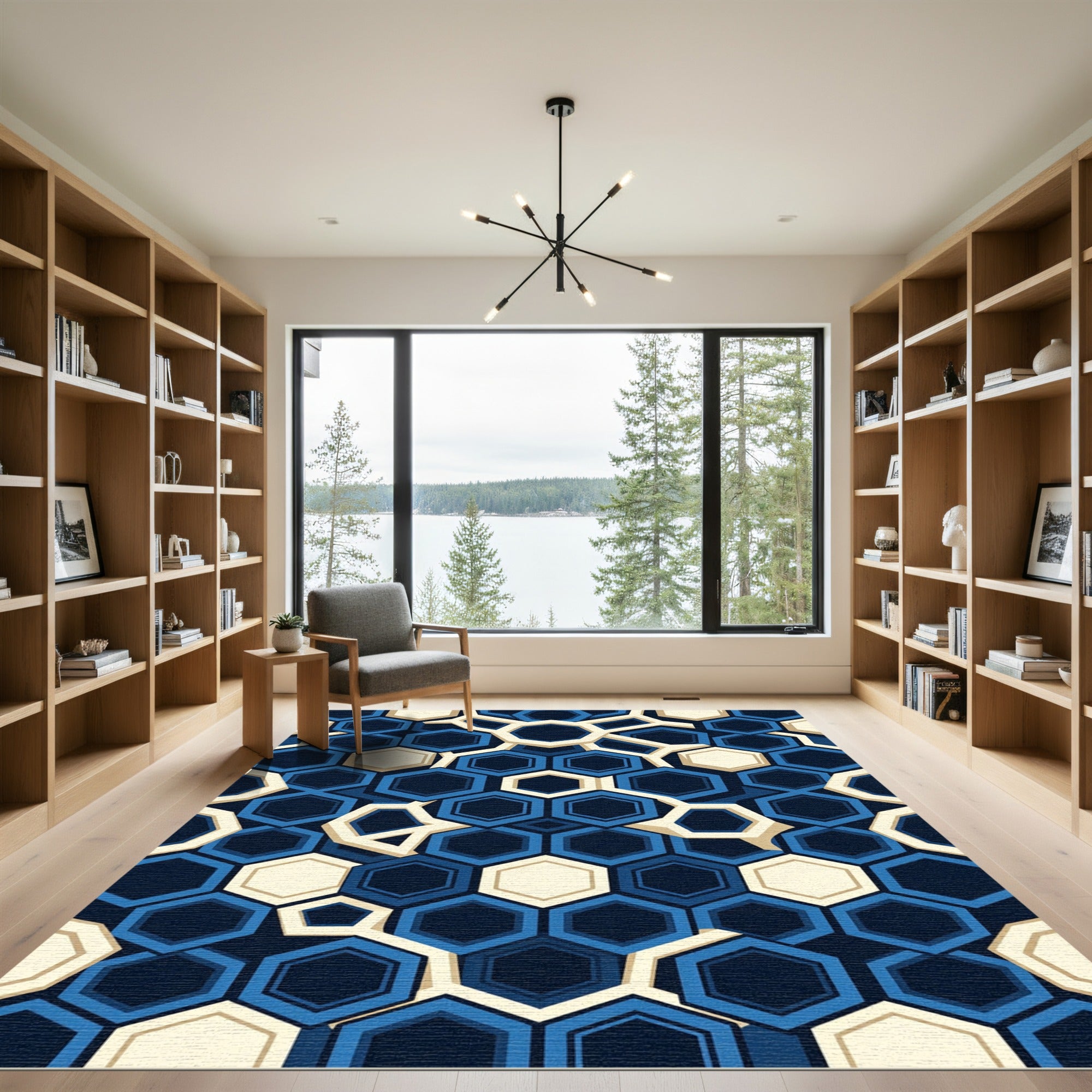 Modern Navy Blue Geometric Honeycomb Rug