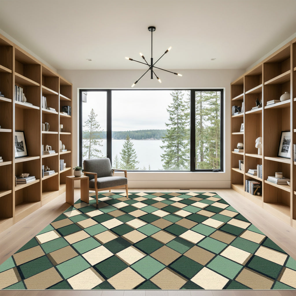 Sage and Taupe Geometric Diamond Rug
