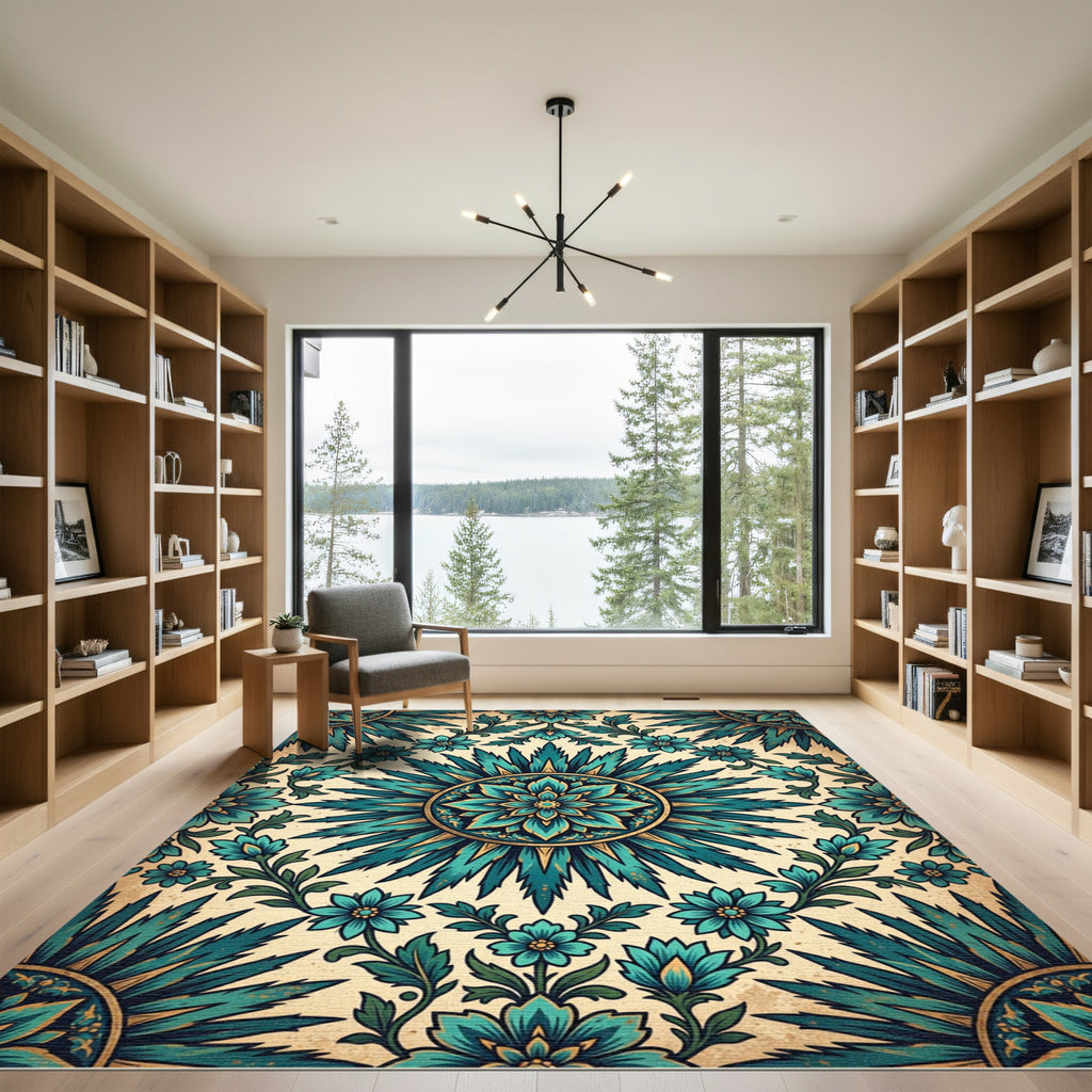 Emerald Teal Floral Medallion Sunburst Rug