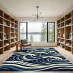 Japanese Inspired Blue Ocean Wave Art Rug