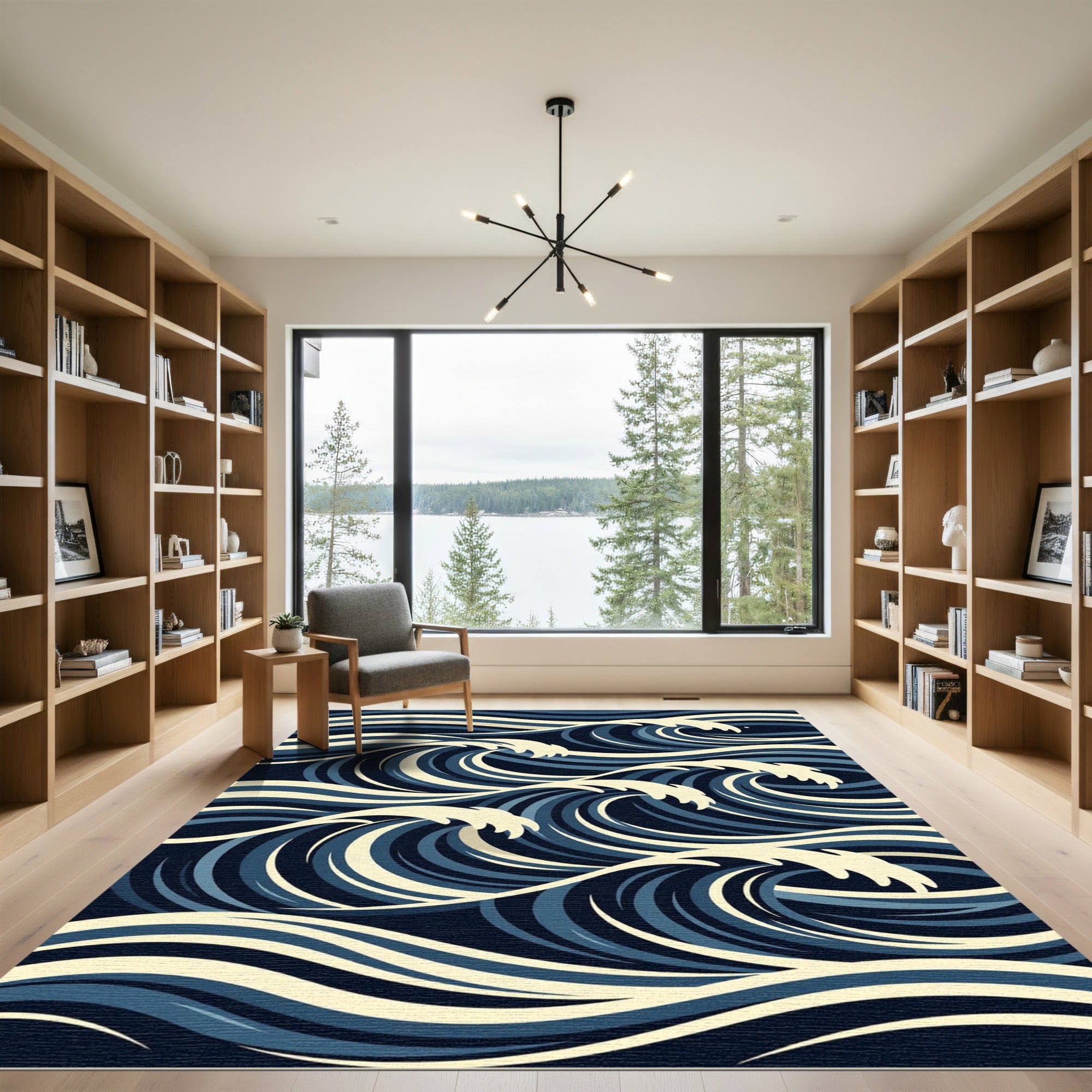 Japanese Inspired Blue Ocean Wave Art Rug