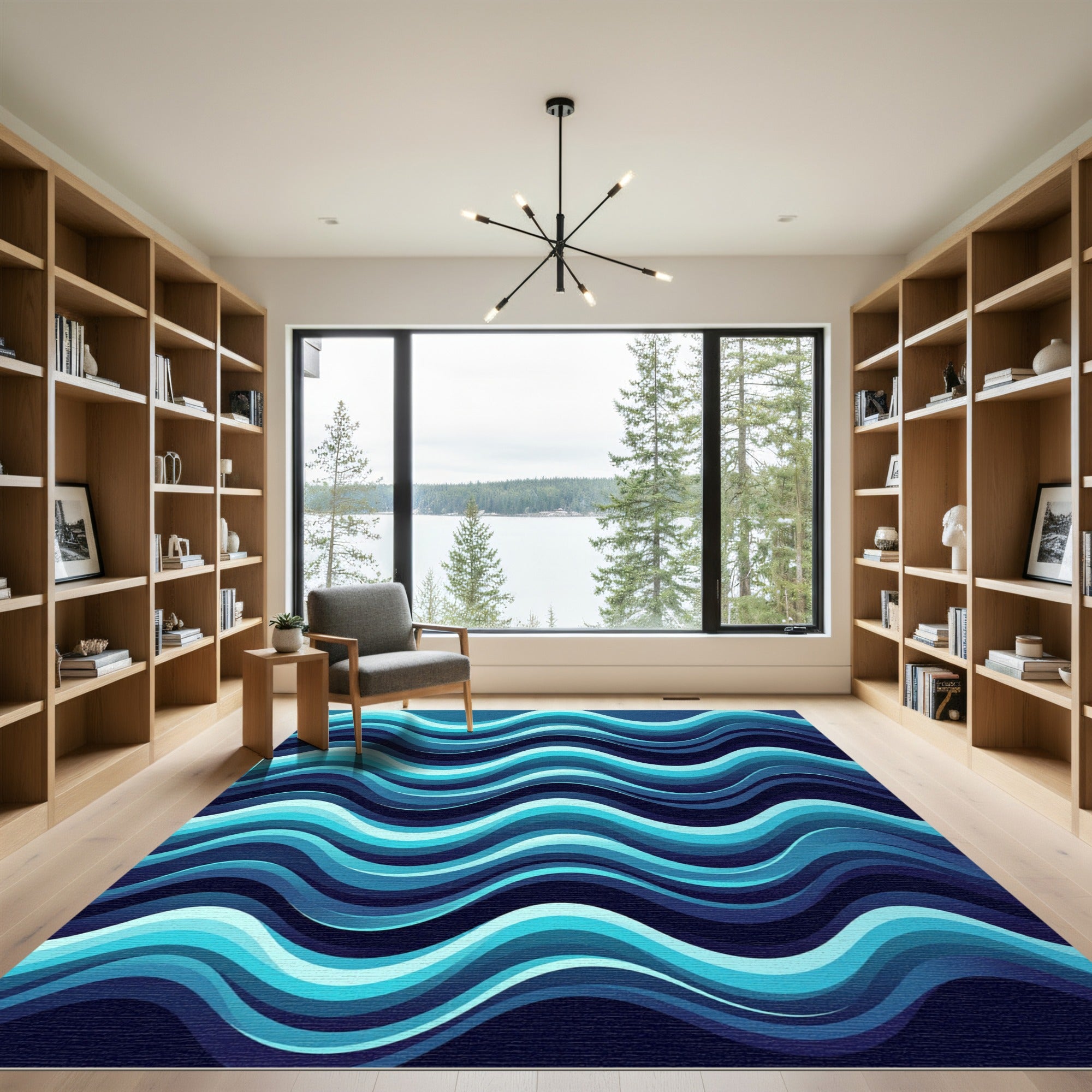Deep Ocean Blue Wavy Stripes Rug