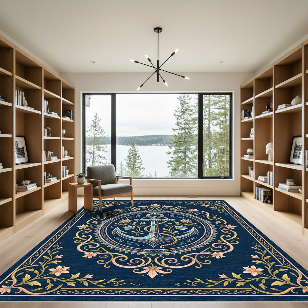 Blue Anchor Floral Scrollwork Accent Rug