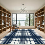 Rich Navy Blue Classic Plaid Grid Rug