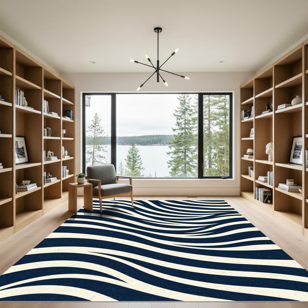 Midnight Blue Flowing Ivory Waves Rug