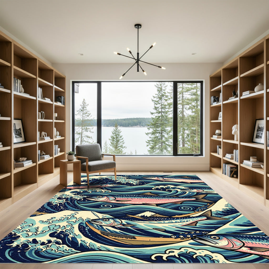 Japanese Wave Indigo Salmon Art Rug