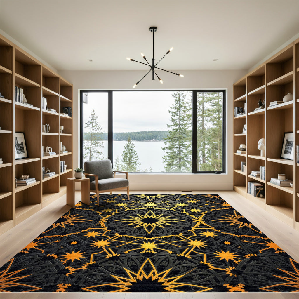 Gilded Black Celestial Geometric Star Art Rug
