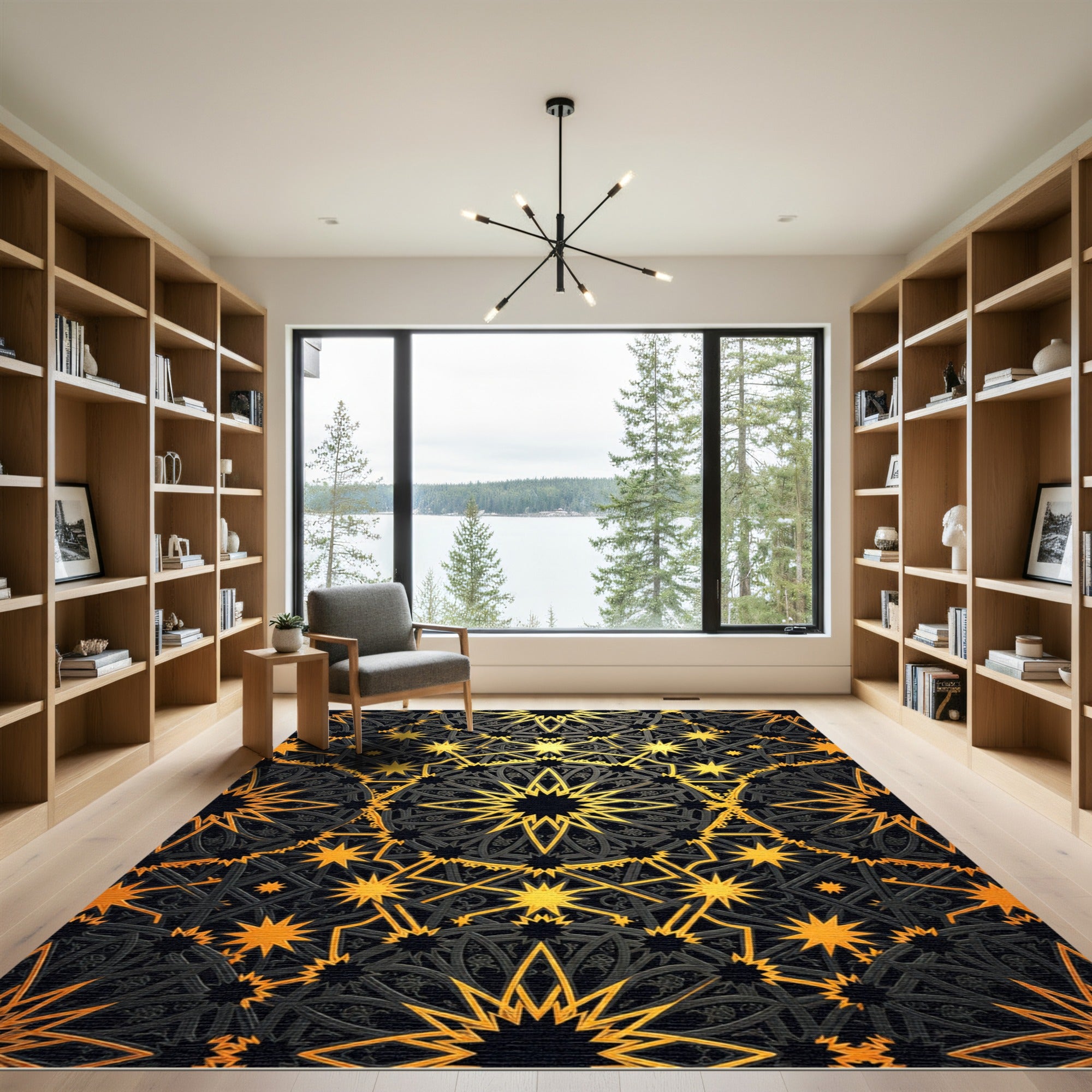 Gilded Black Celestial Geometric Star Art Rug