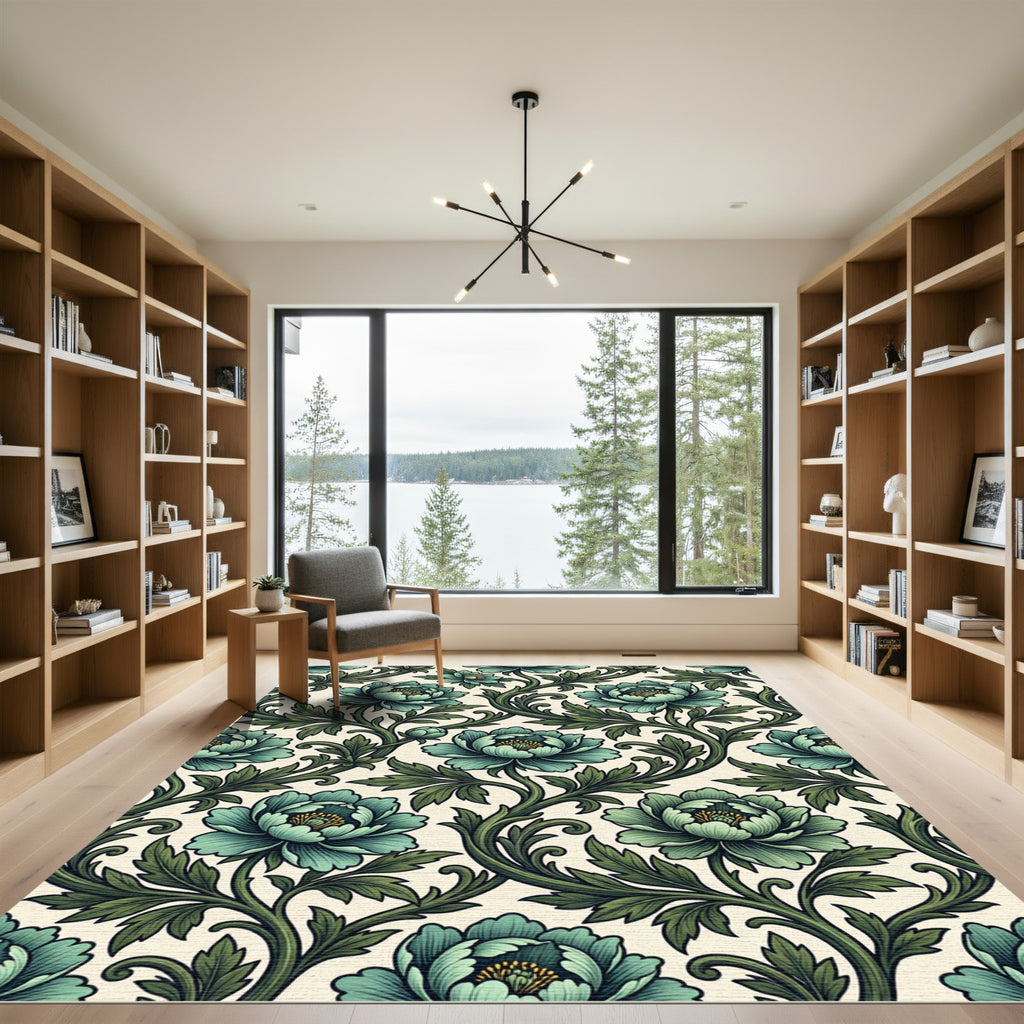 Teal Floral Vine Scroll Art Rug