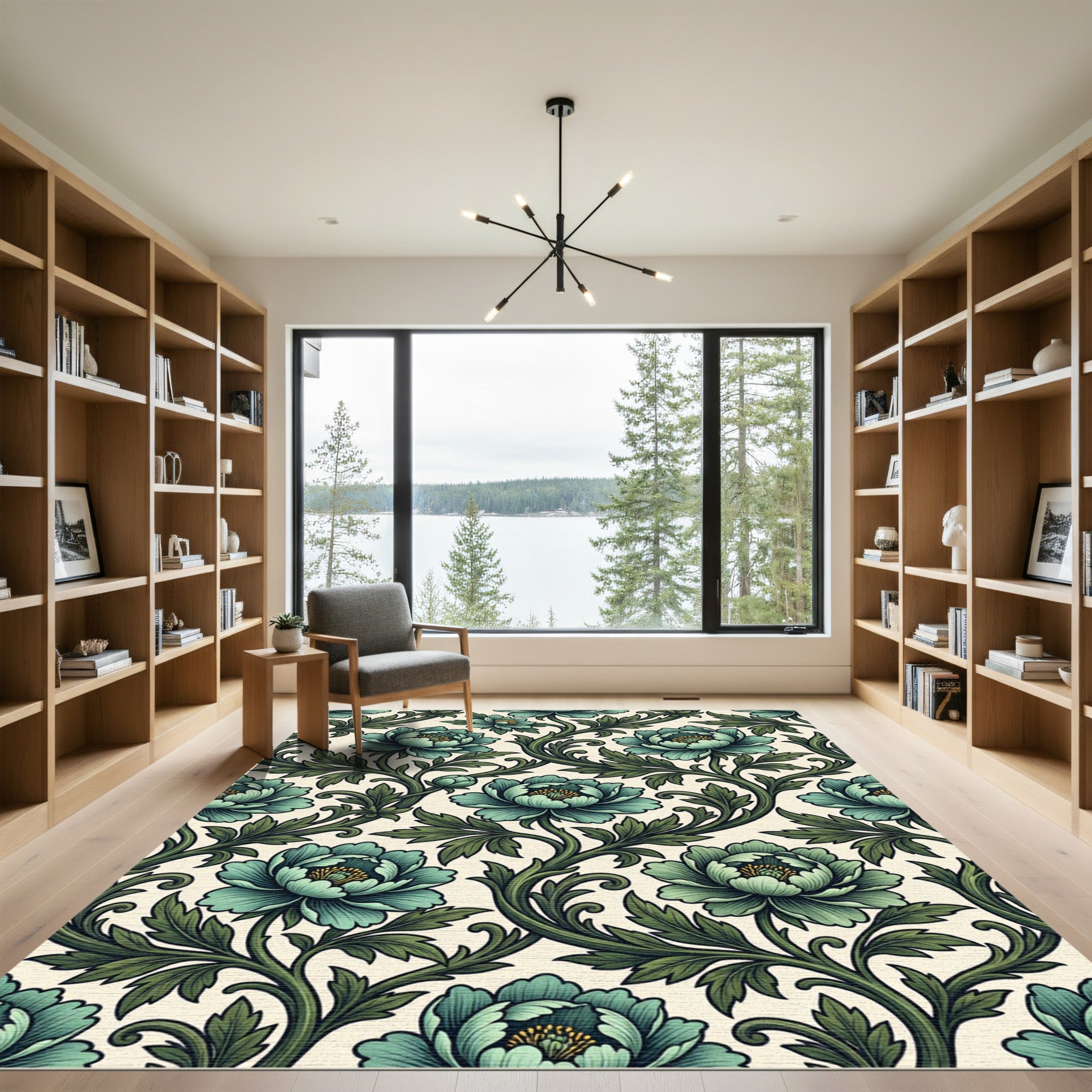 Teal Floral Vine Scroll Art Rug