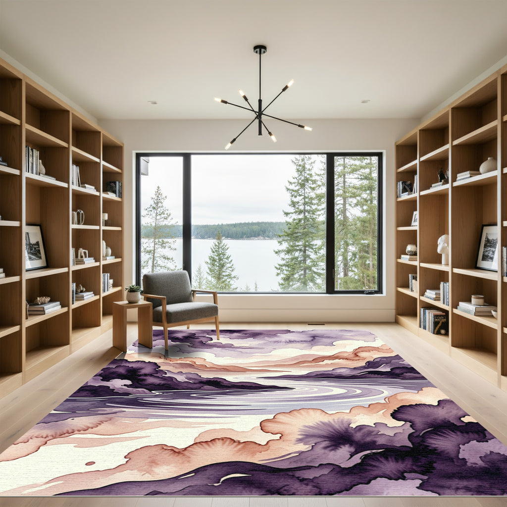 Ethereal Plum Violet Watercolor Mountain Landscape Rug