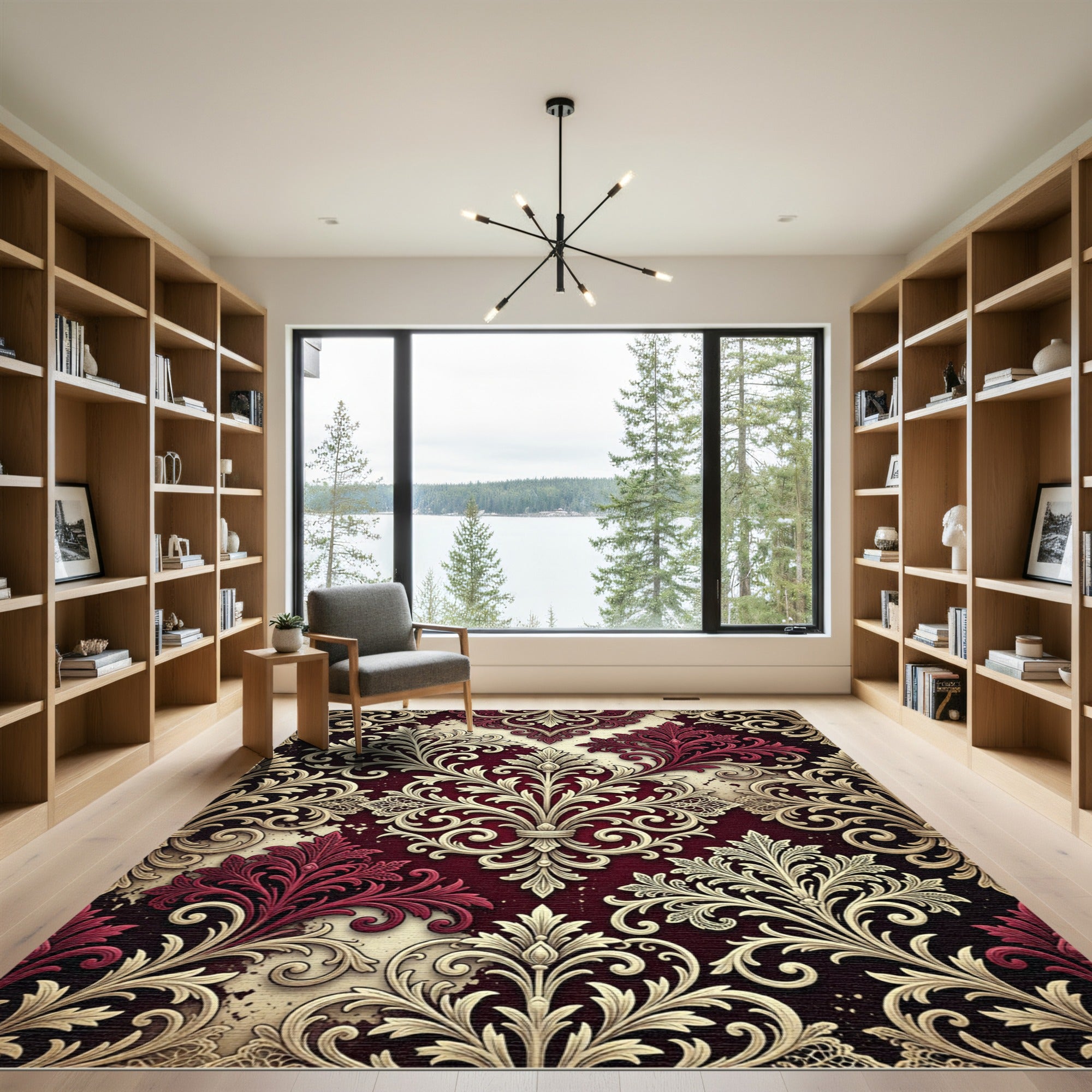 Burgundy and Cream Ornate Floral Damask Rug