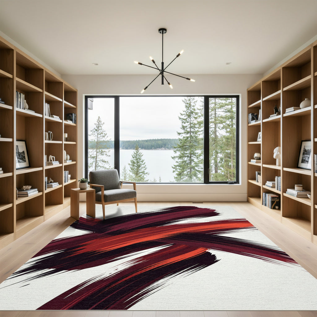 Bold Crimson Abstract Ink Brush Strokes Rug