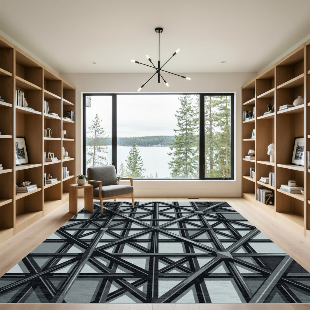 Industrial Gray Geometric Steel Structural Rug