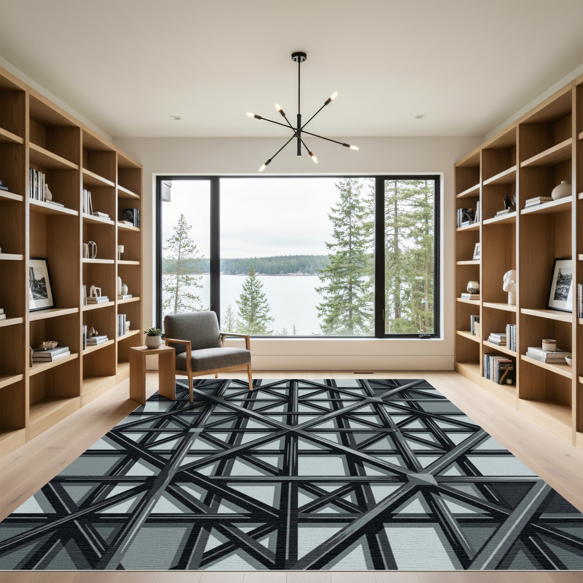 Industrial Gray Geometric Steel Structural Rug