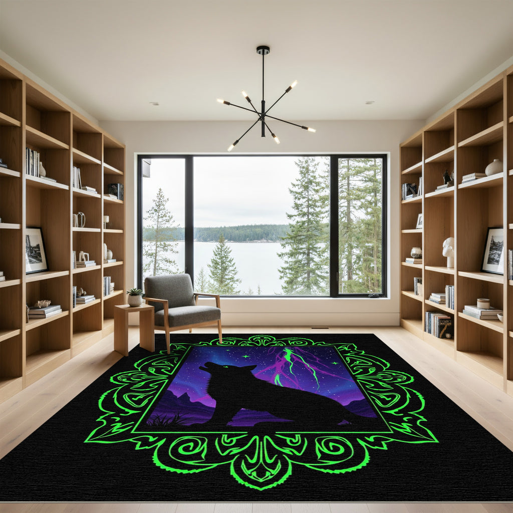 Neon Green Wolf Night Sky Rug