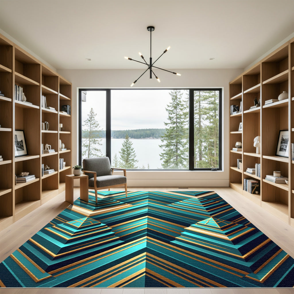 Geometric Teal Gold Pyramid Steps Rug