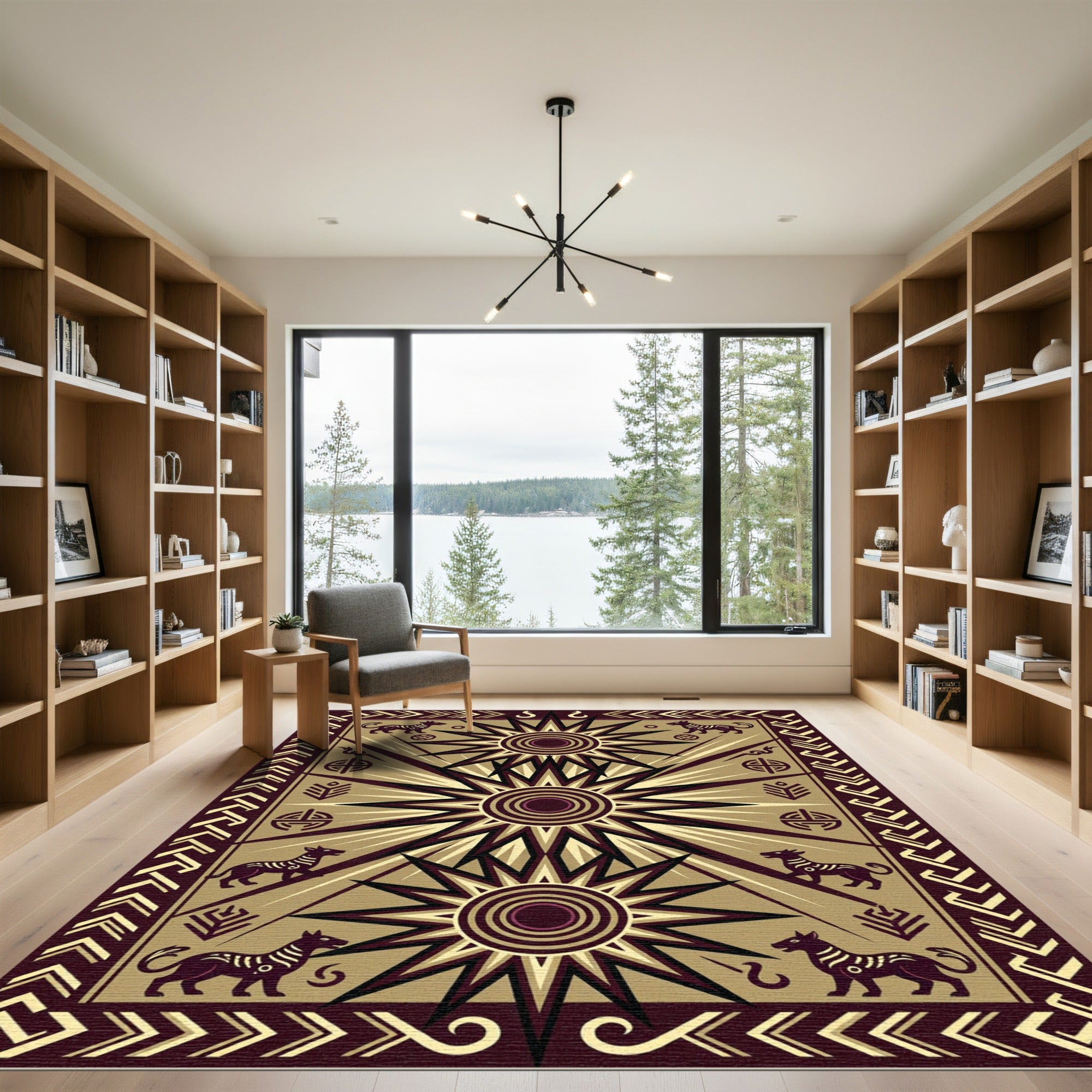 Ancient Black Starburst Dog Motif Rug