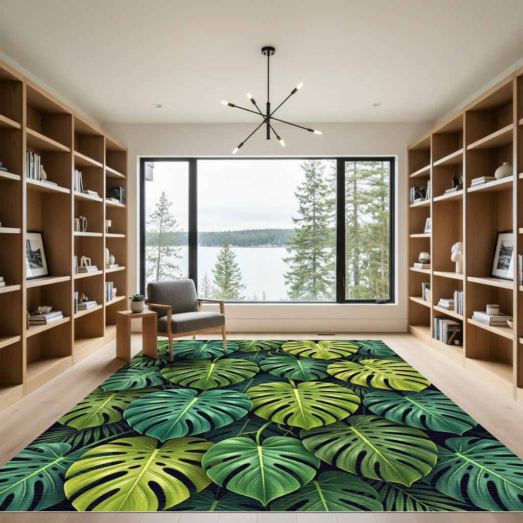 Tropical Green Monstera Leaf Pattern Rug