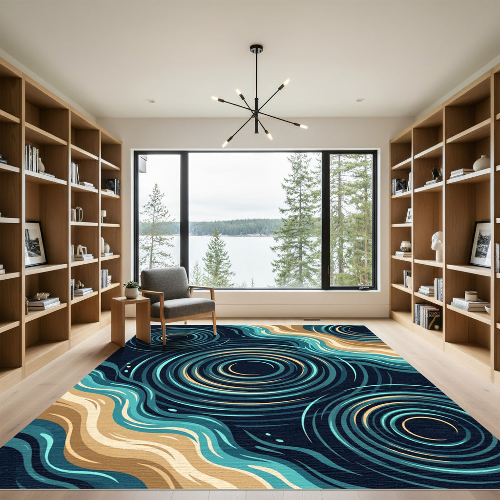 Modern Teal and Sand Abstract Ripple Rug