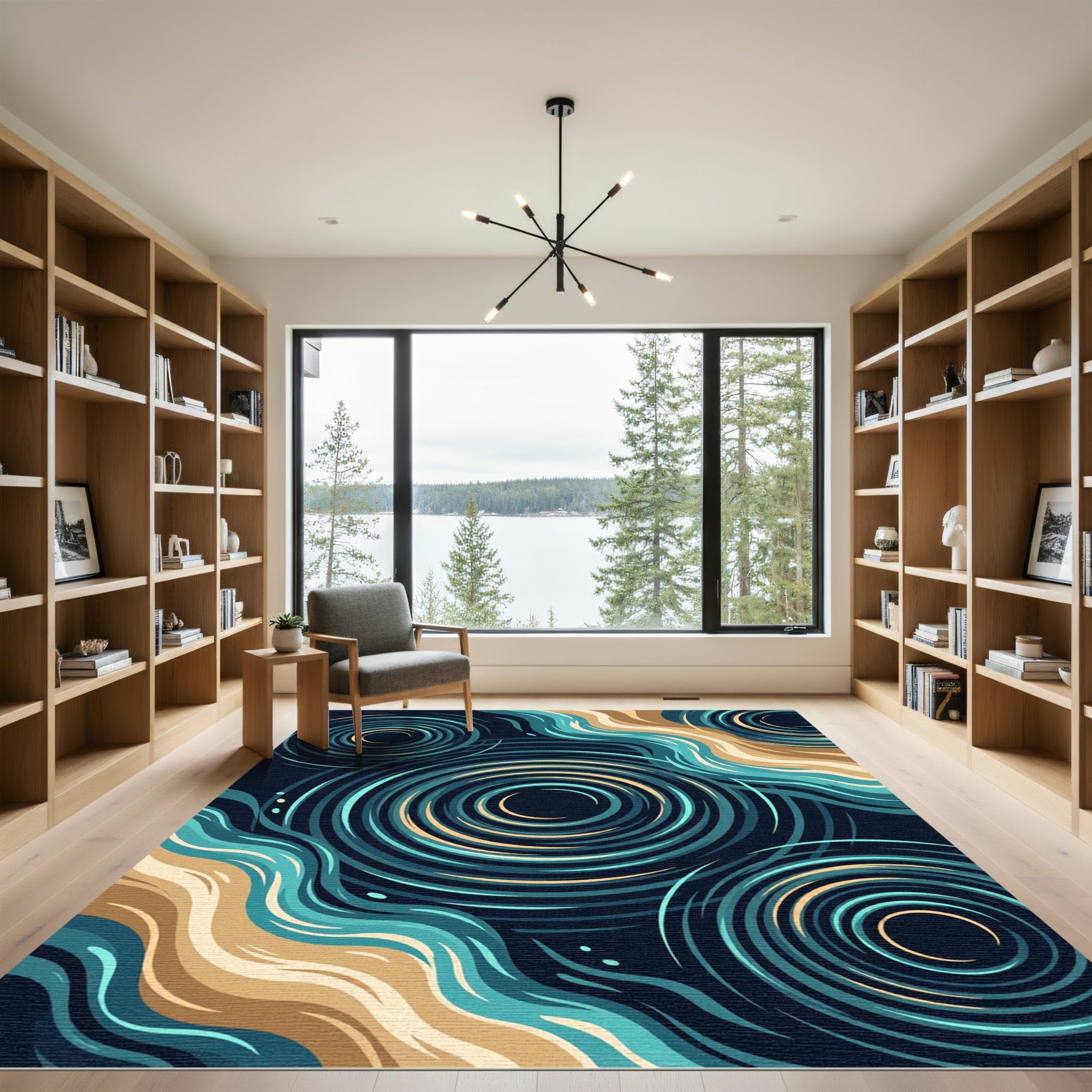 Modern Teal and Sand Abstract Ripple Rug