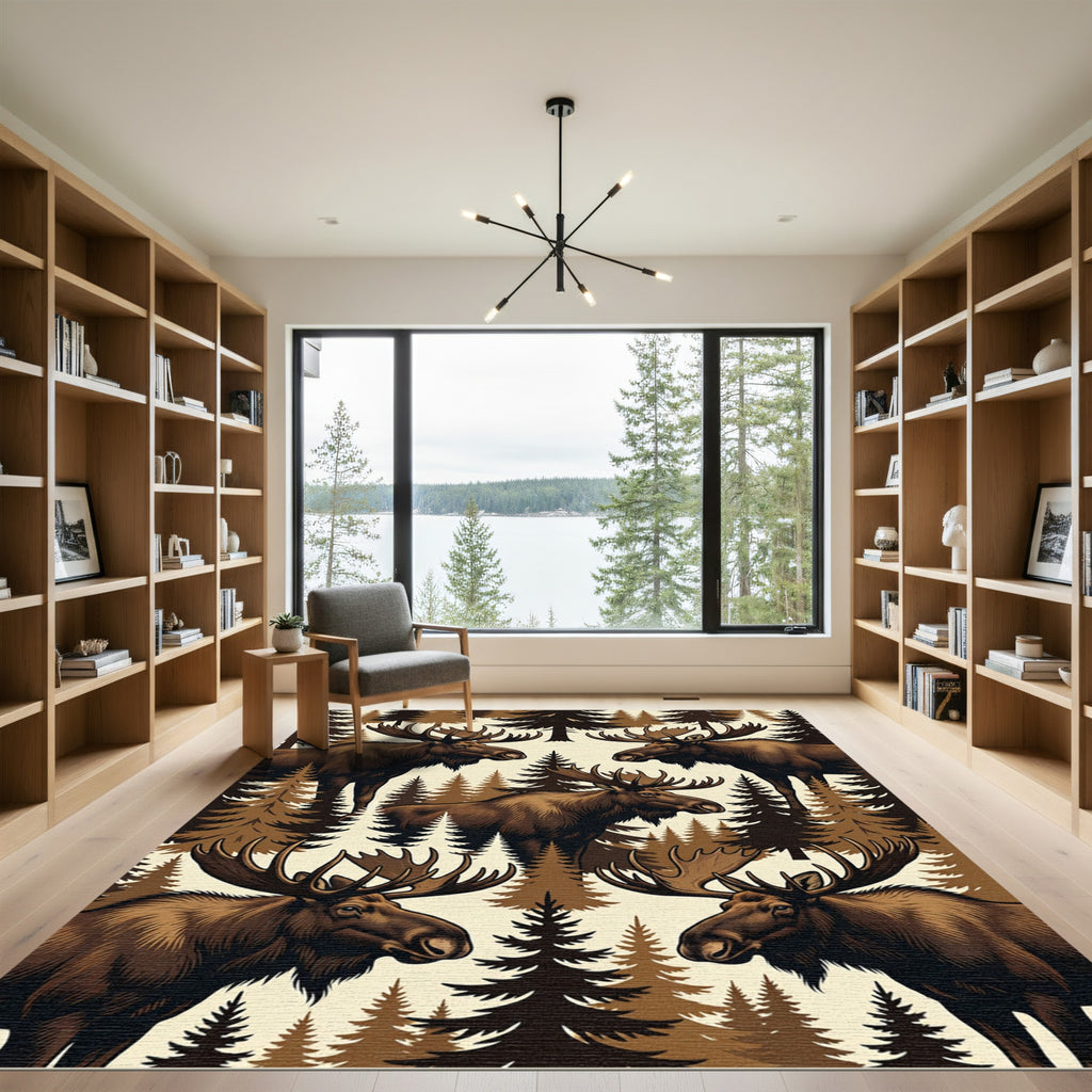 Brown Moose Forest Woodland Scene Rug