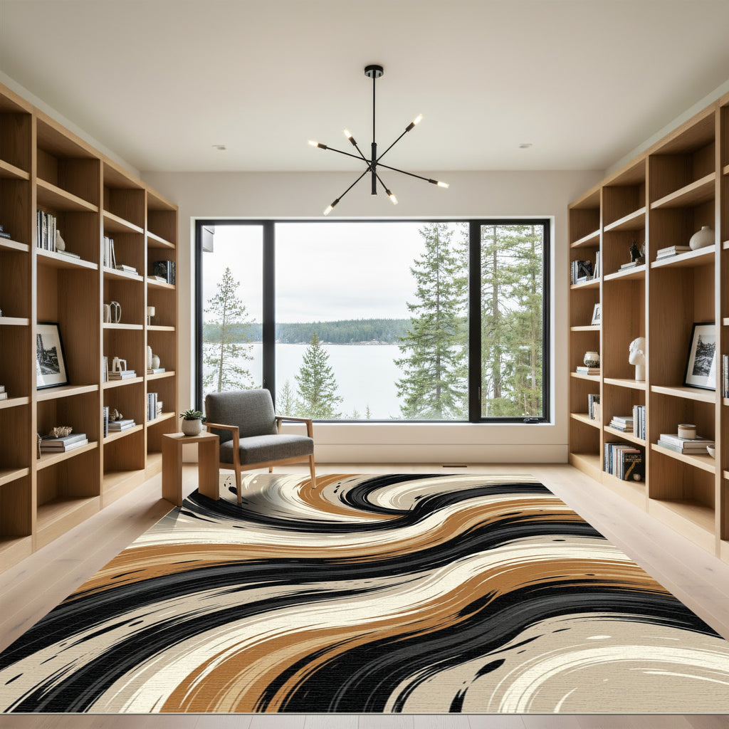 Modern Abstract Swirling Earth Tone Wave Rug