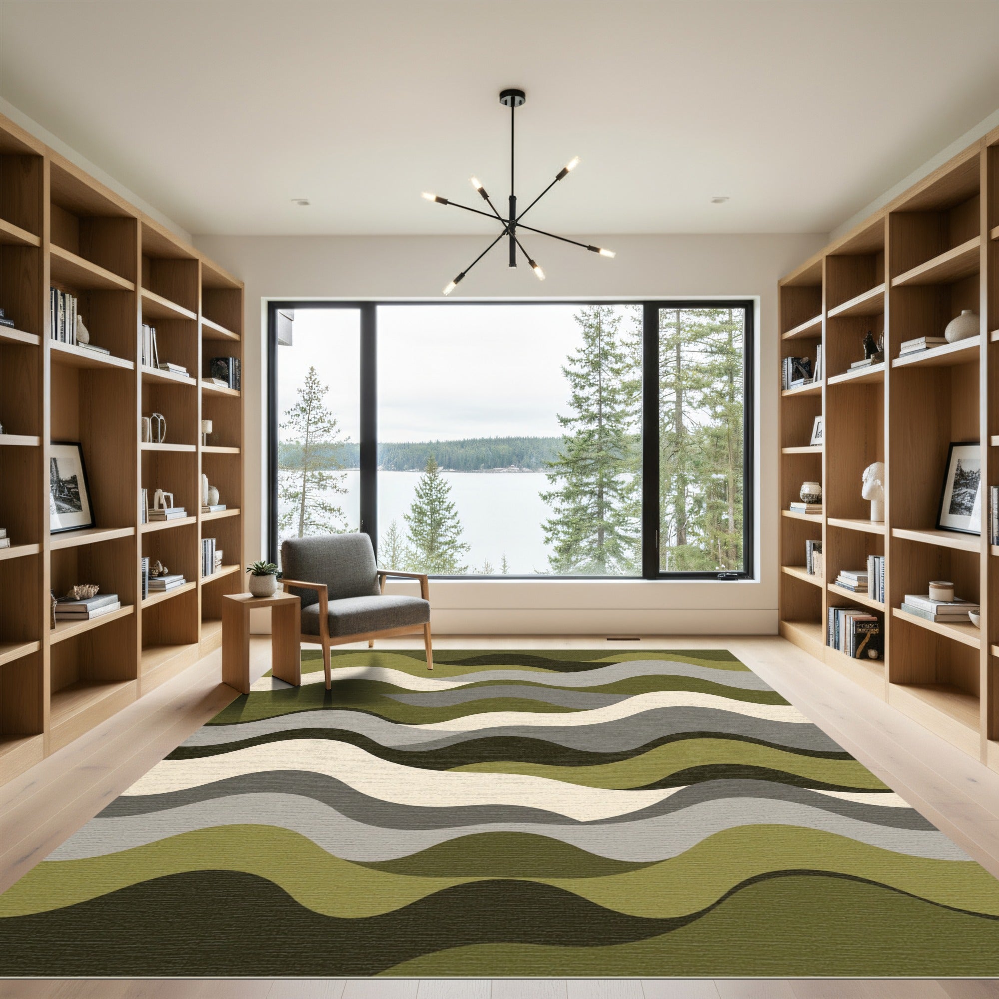 Modern Olive and Gray Wavy Lines Rug
