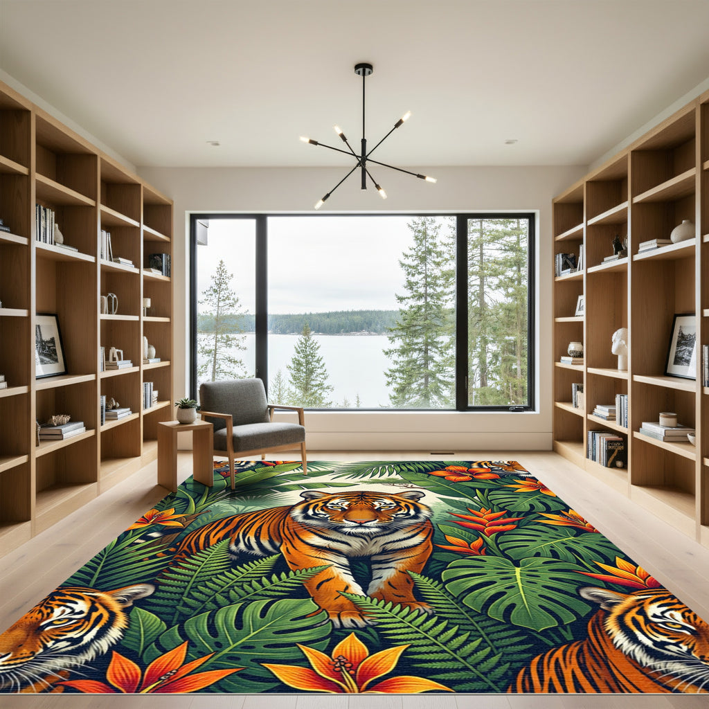 Vibrant Tropical Tiger Jungle Foliage Rug
