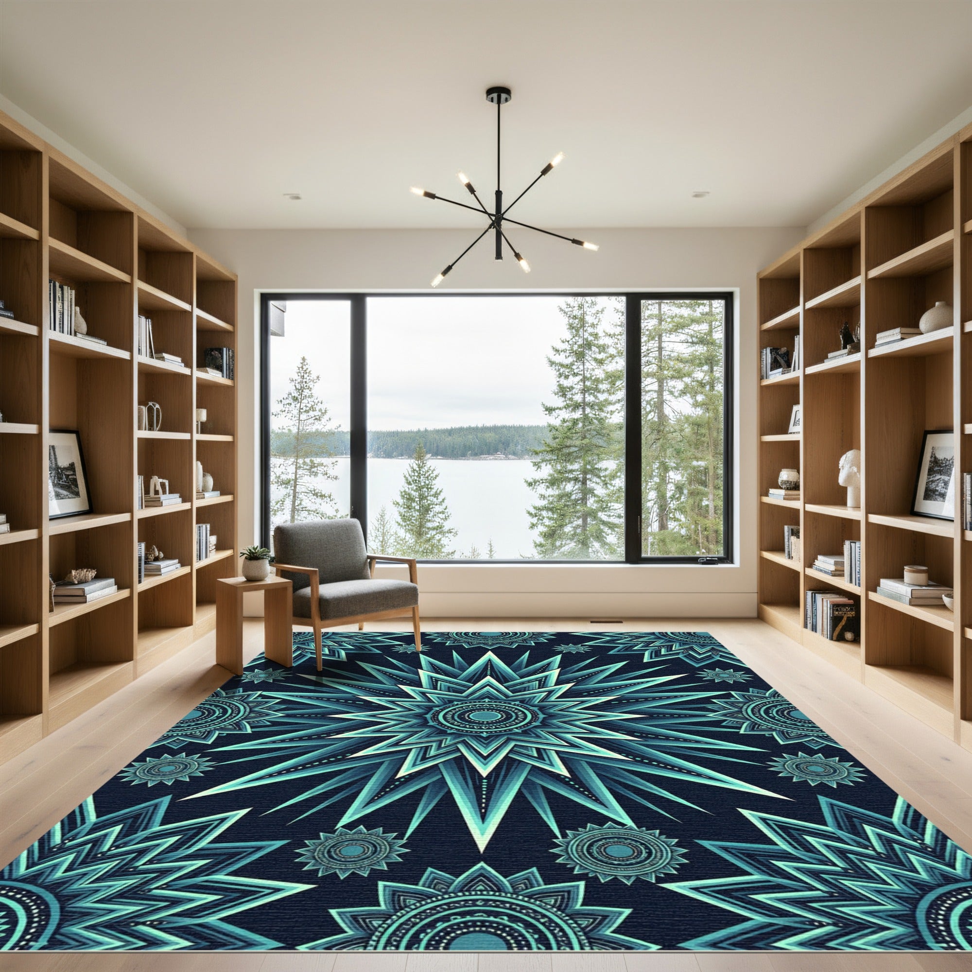 Geometric Teal Celestial Star Medallion Rug