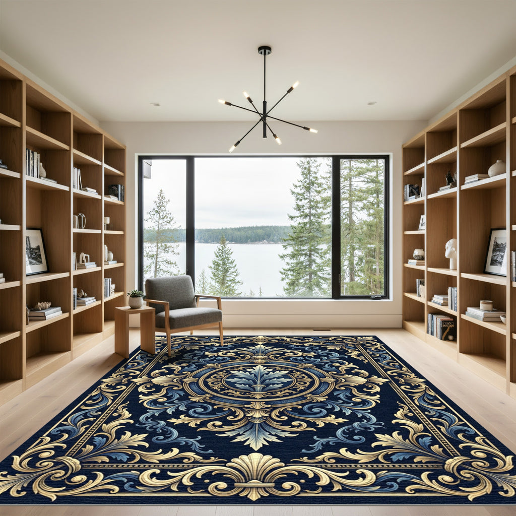 Elegant Navy Gold Baroque Floral Medallion Rug