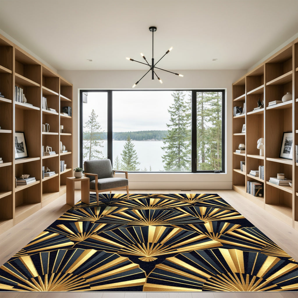 Art Deco Golden Fan Geometric Black Rug