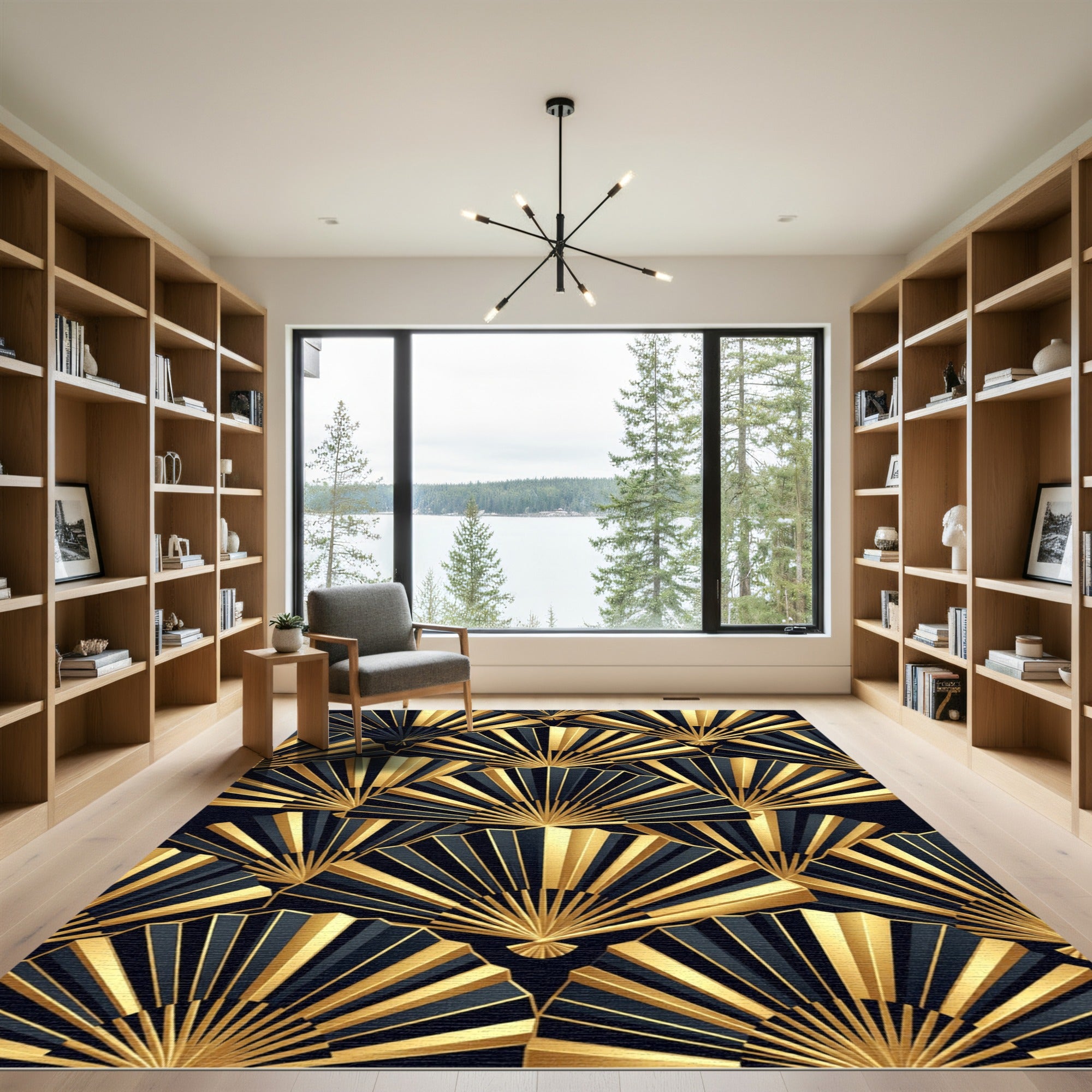 Art Deco Golden Fan Geometric Black Rug