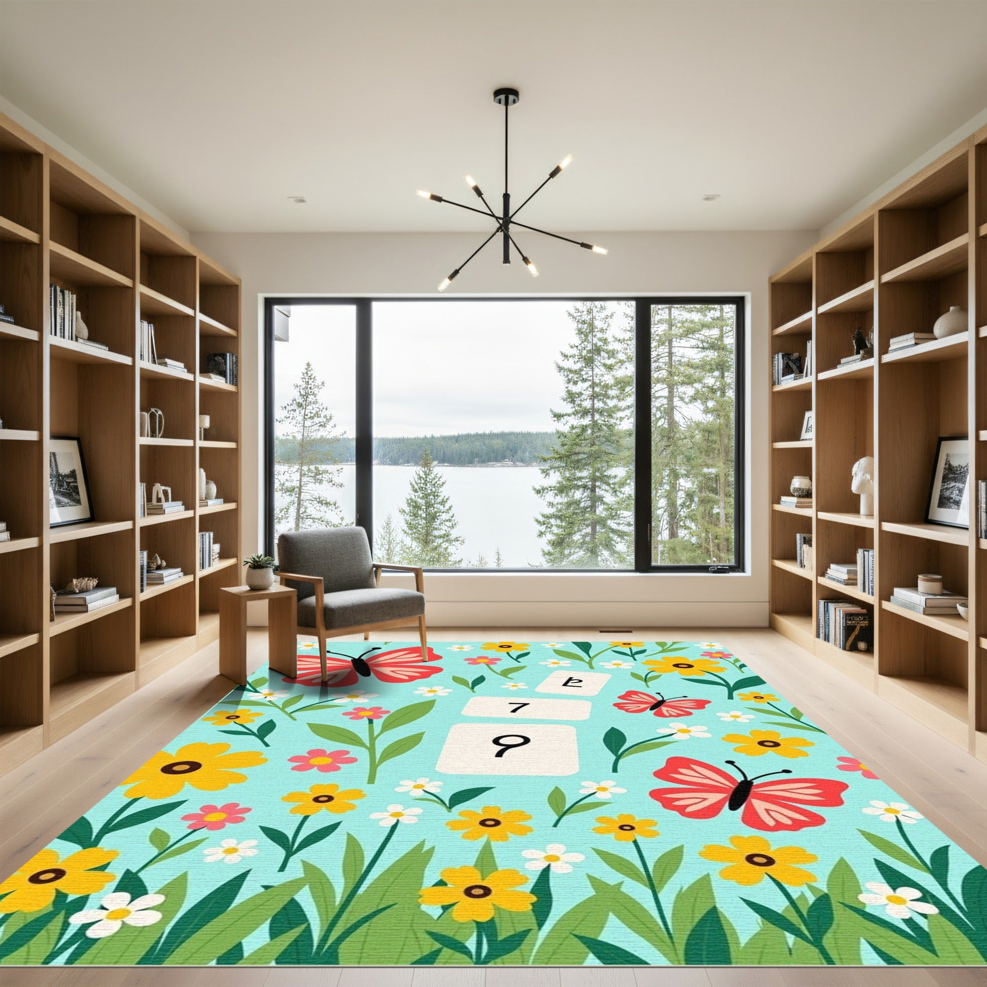 Playful Red Butterflies Whimsical Floral Garden Rug