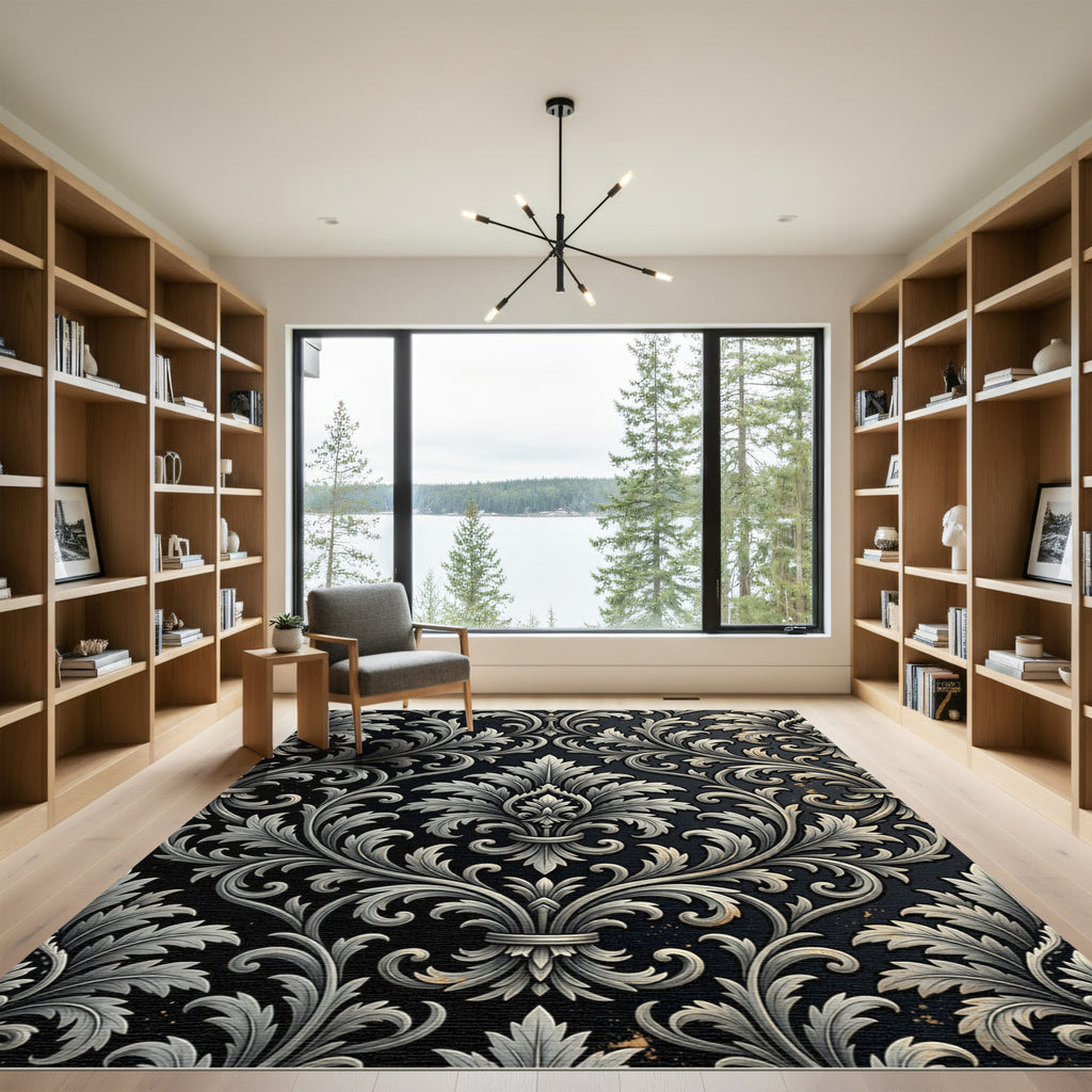 Ornate Charcoal Silver Damask Scroll Rug