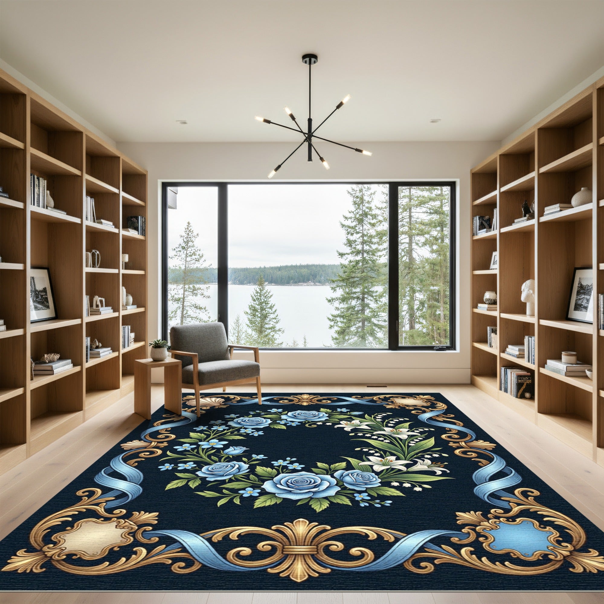 Ornate Blue Rose Laurel Wreath Rug