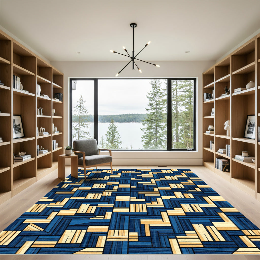 Abstract Blue Wood Plank Assemblage Rug