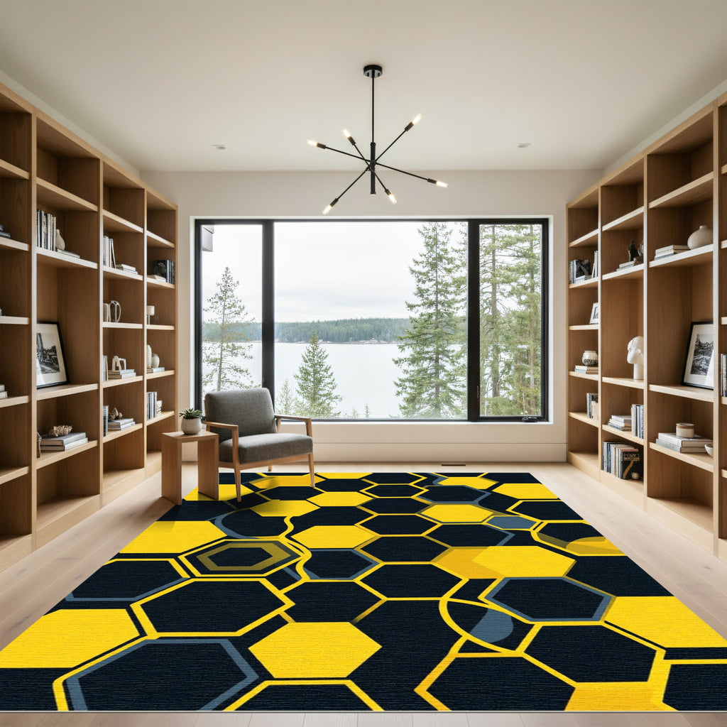 Modern Golden Hexagonal Geometric Art Rug